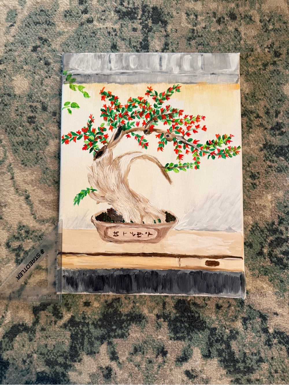 Hand-Painted Bonsai Tree Wall Art - Red & Green
